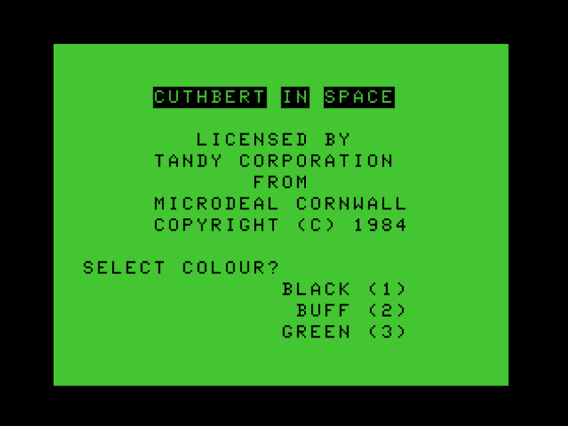 Cuthbert in Space (TRS-80 CoCo) screenshot: Title Screen