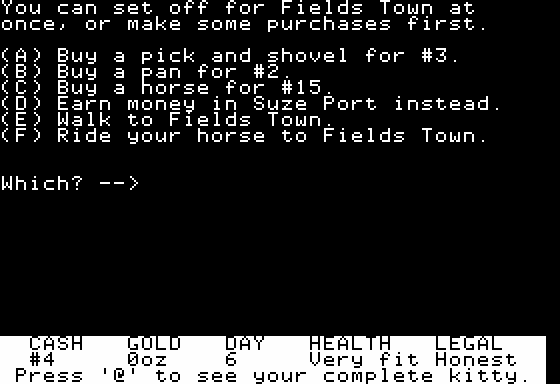 Goldfields (Apple II) screenshot: Shopping in Suze Town