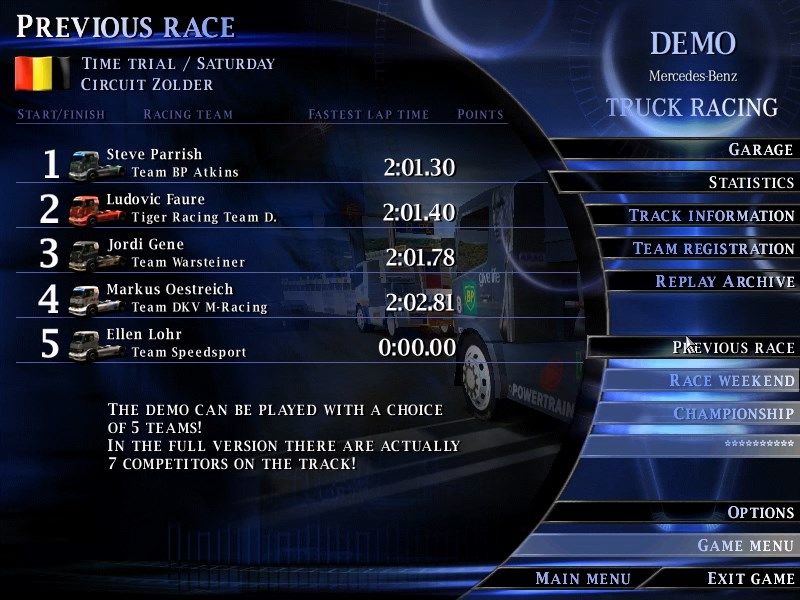 Mercedes-Benz Truck Racing (Windows) screenshot: Race results screen
