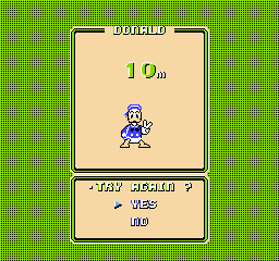 Snoopy's Silly Sports Spectacular (NES) screenshot: Quick Stats for Boot Throwing event in Selection mode; 10m! Hooray!!! (Japanese Version)