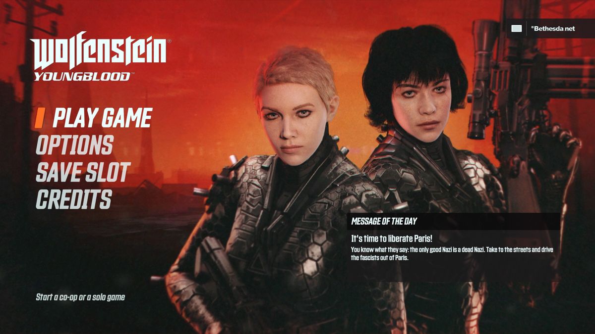 Wolfenstein: Youngblood (PlayStation 4) screenshot: Main menu
