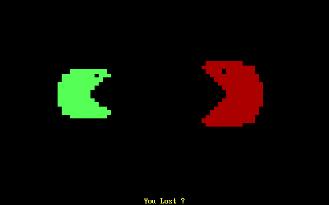 Hungry? (DOS) screenshot: Game over animation, featuring a red Pacman growing and eating a small green Pacman, over and over