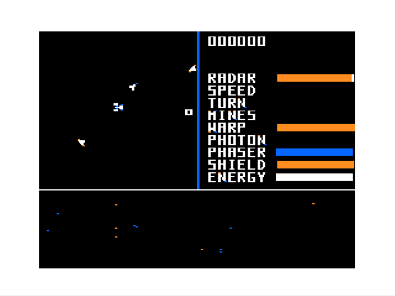 Space Wrek (TRS-80 CoCo) screenshot: Exploring Space