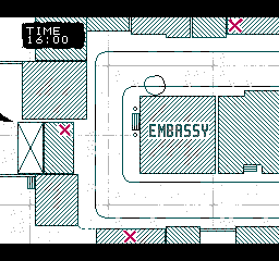 Hostage: Rescue Mission (NES) screenshot: The plan of the Embassy. X's mark where the snipers will travel to