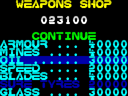 Miami Chase (ZX Spectrum) screenshot: Buying various items in the weapons shop