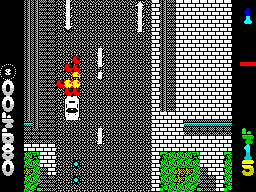Miami Chase (ZX Spectrum) screenshot: This is what happens when I get it right, they turn to a pixel explosion and I drive right through it