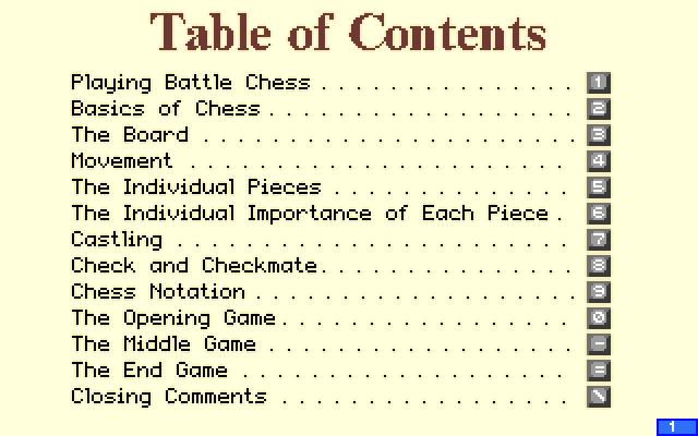 Battle Chess (Windows) screenshot: Manual table of contents (GOG release)