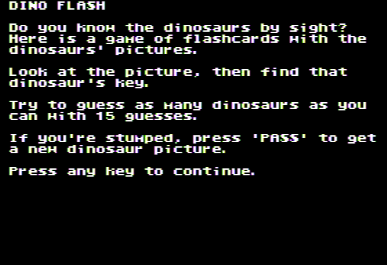 Dinosaur Dig (Apple II) screenshot: Dino Flash Instructions