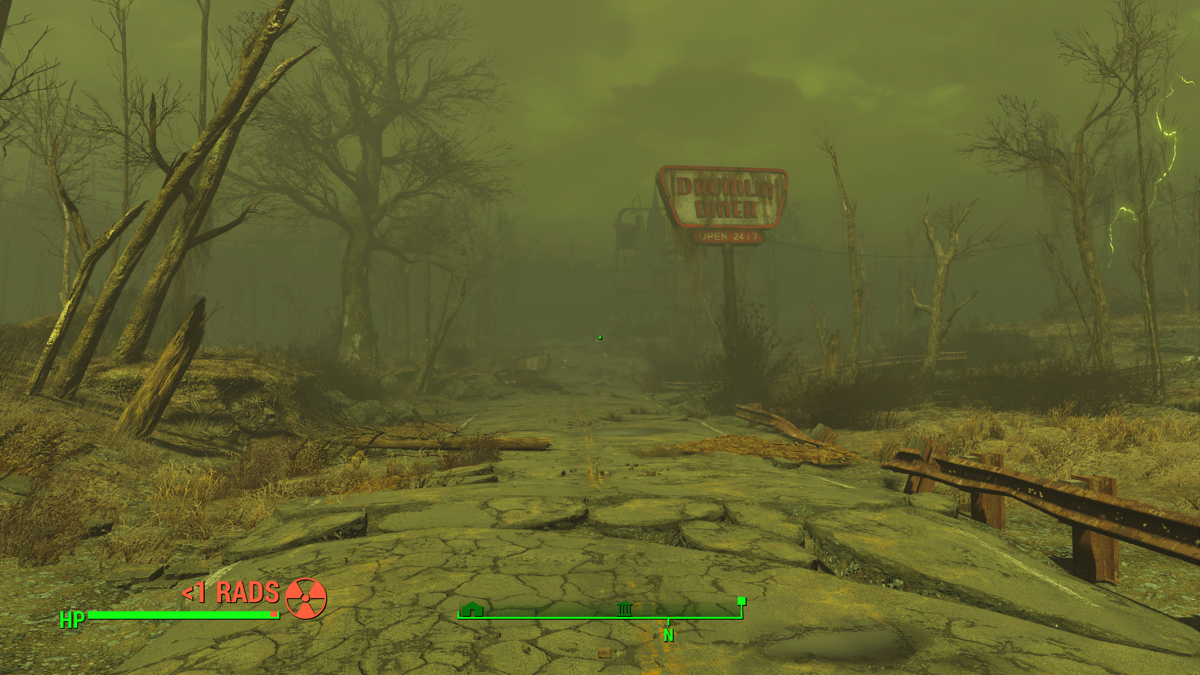 Fallout 4 (Windows Apps) screenshot: A radiation storm has arrived, I should seek shelter.
