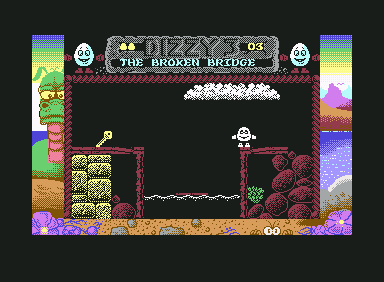 Fantasy World Dizzy (Commodore 64) screenshot: The broken bridge.