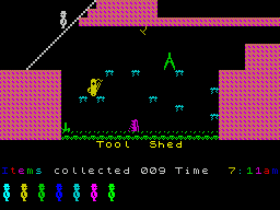 Jet Set Willy (ZX Spectrum) screenshot: The garden sheers are alive and kicking in the Tool Shed.