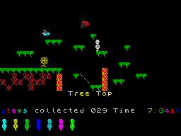 Jet Set Willy (ZX Spectrum) screenshot: You can climb to the top of the tree using the well spaced out platforms.