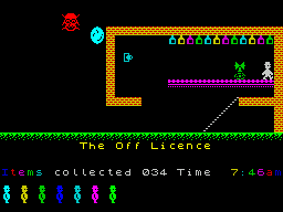 Jet Set Willy (ZX Spectrum) screenshot: Collect all the boozed at the offy.