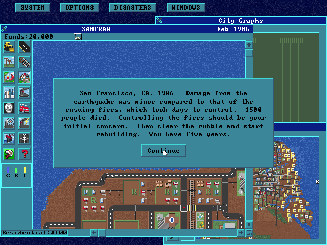 SimCity: Enhanced CD-ROM (DOS) screenshot: The enhanced CD-ROM version uses a 640x480 resolution and uses a windows-like style.