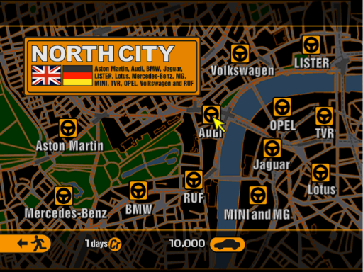 Gran Turismo 2 (PlayStation) screenshot: The north side of the town features not only British cars, also features the German ones such as Volkswagen, Audi, BMW, etc.