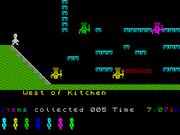 Jet Set Willy (ZX Spectrum) screenshot: Mutant cooks of all colours mar your passage through the Kitchen.