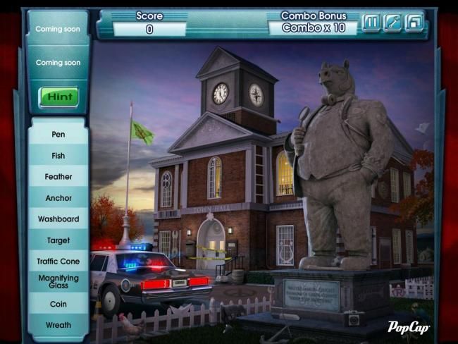 Hidden Agenda (Browser) screenshot: Hidden Object Scene - Find clues around town hall