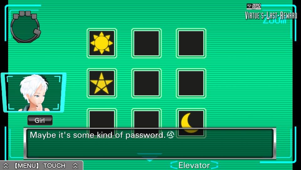 Zero Escape: Volume 2 - Virtue's Last Reward (PS Vita) screenshot: Each room contains the safe with passwords you need to unlock it. One password is for bonus content while other is for an item that will let you escape the room.