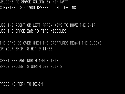 Space Colony (TRS-80) screenshot: Title Screen