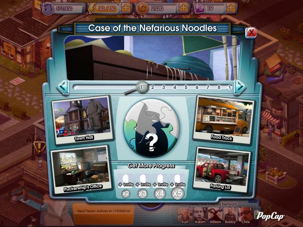 Hidden Agenda (Browser) screenshot: Case of the Nefarious Noodles - Scenes and Progress