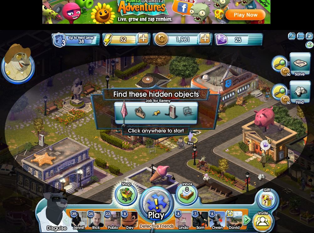 Hidden Agenda (Browser) screenshot: Town Quest - Finding randomly placed hidden objects in the town