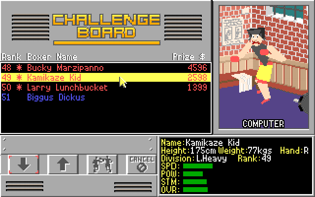 4-D Boxing (PC-98) screenshot: Challenge board; select your opponent