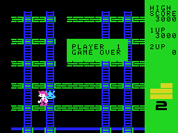 Cosmic Crisis (ColecoVision) screenshot: The blue demon must fall through three levels to be destroyed. Game over.