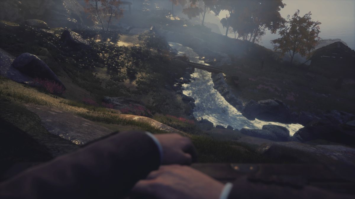 Draugen (PlayStation 4) screenshot: Leaning on the fence and enjoying the view of the brook