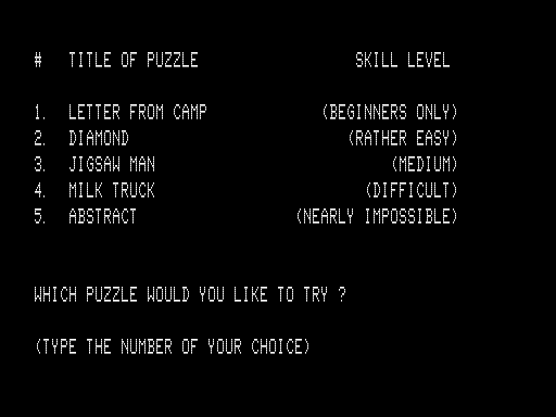 Picture Puzzle (TRS-80) screenshot: Choose a Puzzle