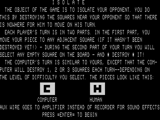 Isolate (TRS-80) screenshot: Introduction