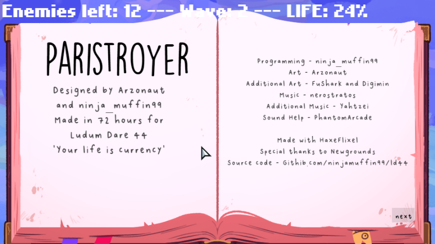 Paristroyer (Browser) screenshot: In-Game Book Page 1