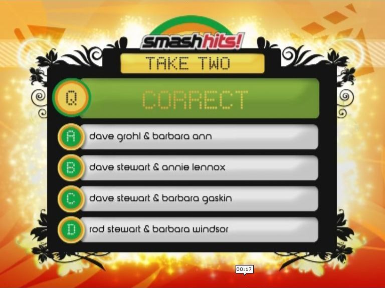 Smash Hits!: Ultimate Pop Quiz (DVD Player) screenshot: Take Two questions are about duos. This shows a set of answers but what was the question?