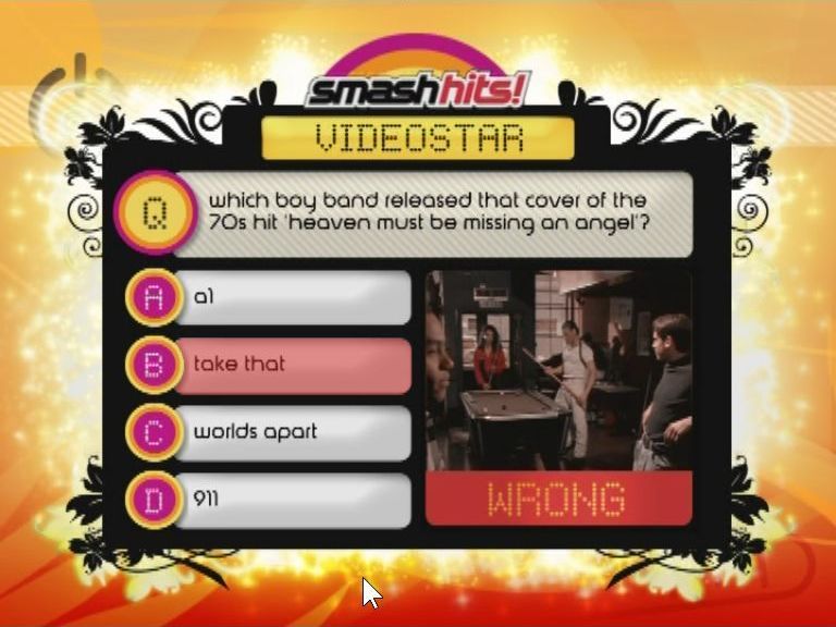 Smash Hits!: Ultimate Pop Quiz (DVD Player) screenshot: An example of a Videostar question