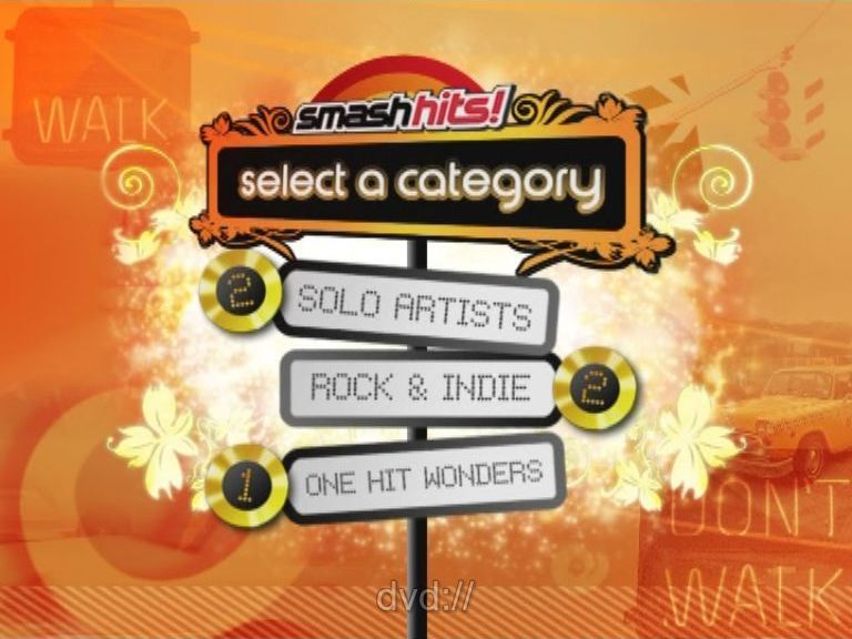 Smash Hits!: Ultimate Pop Quiz (DVD Player) screenshot: In each turn the player has a choice of three of the eight categories. The numbered discs show how many points the question is worth