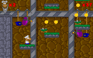 Super Roco Bros. (DOS) screenshot: The platform jumping part is made more difficult by the moving enemies.