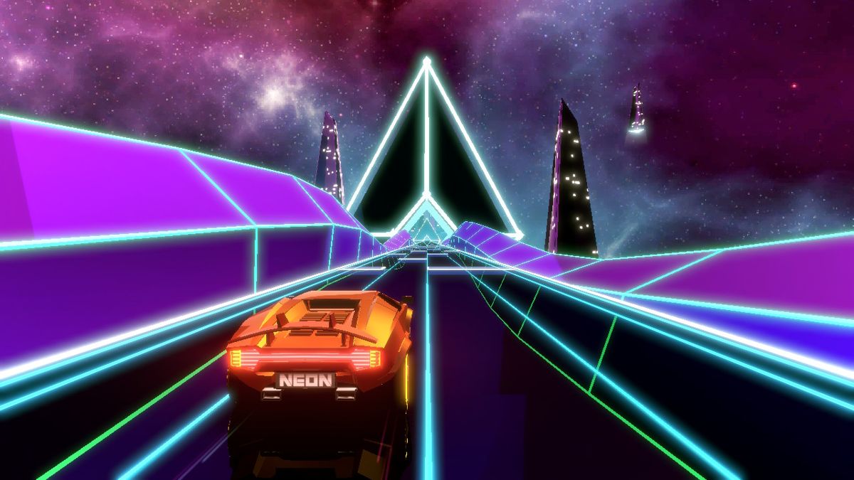 Neon Drive (Nintendo Switch) screenshot: Orange car resembles Lamborghini