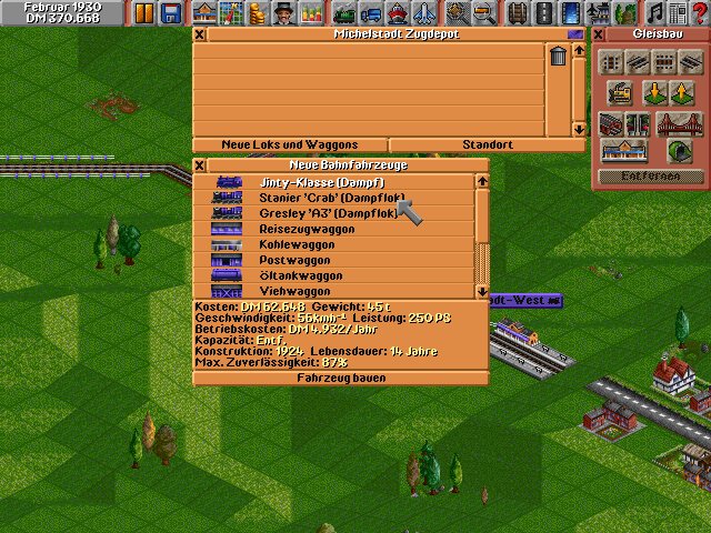 Transport Tycoon (DOS) screenshot: Buying trains. (German CD version)