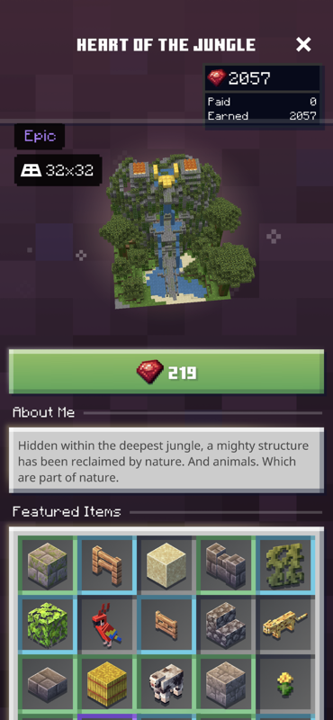 Minecraft Earth (iPhone) screenshot: The Heart of the Jungle, an epic 32x32 buildplate