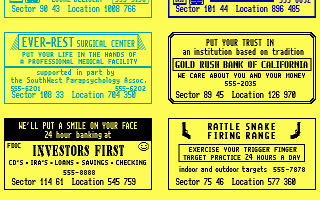 The Terminator (DOS) screenshot: Another page of ads. Hmm... a firing range. Just the place for a tired Terminator to relax.