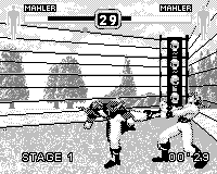 Fighters Megamix (Game.Com) screenshot: Body Icons in corner represent destructibility of some character's clothing. This is a mirror match but I've beaten the shirt off of my opponent.