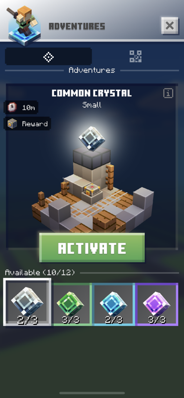 Minecraft Earth (iPhone) screenshot: You can only start an adventure by spending a crystal.