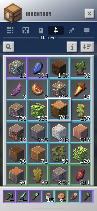 Minecraft Earth (iPhone) screenshot: Inventory