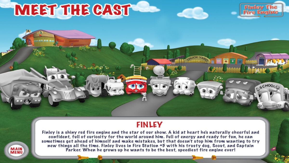Finley The Fire Engine: Friendlyville Fun (Windows) screenshot: Meet The Cast: No gameplay here. As the cursor moves over a character their colour appears and their catchphrase is played