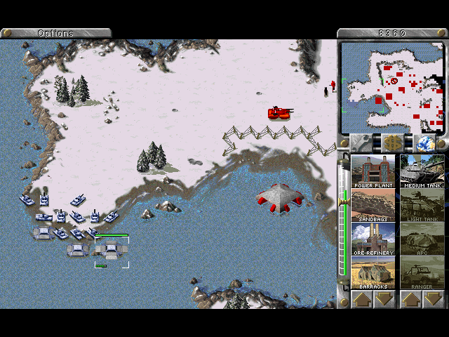 Command & Conquer: Red Alert (Windows) screenshot: Transports unloading a bunch of medium tanks for an old-fashioned tank rush