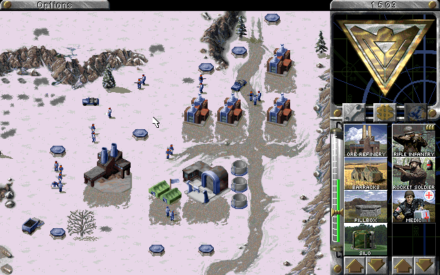 Command & Conquer: Red Alert (Windows) screenshot: Scattered pillboxes around the base will deal with enemy paratroopers