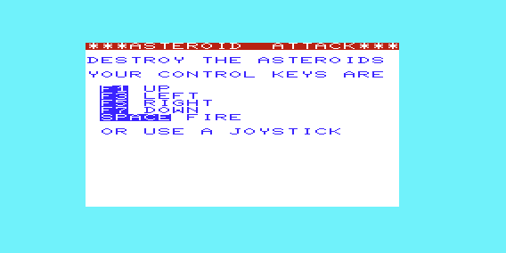 Asteroid Attack (VIC-20) screenshot: Title Screen