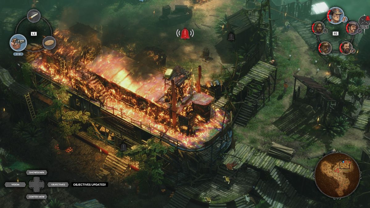 Desperados III (PlayStation 4) screenshot: Setting the ship ablaze