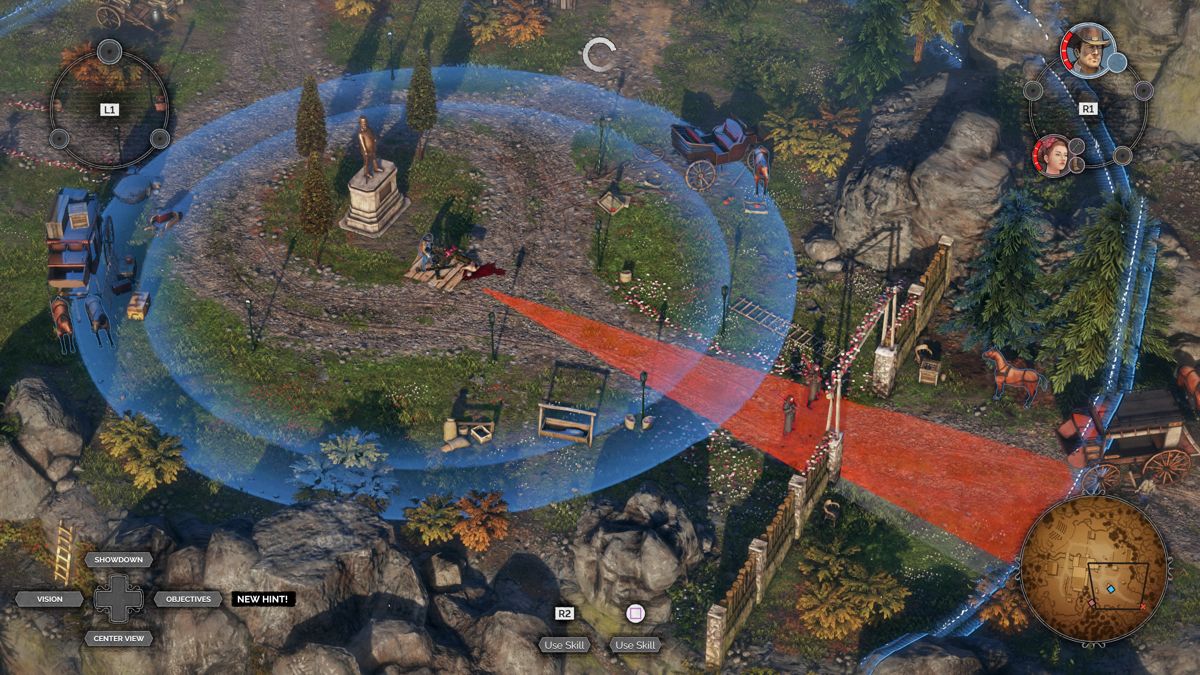 Desperados III (PlayStation 4) screenshot: Turning the Gatling gun on the enemy