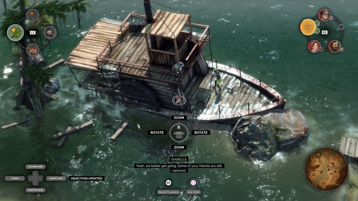 Desperados III (PlayStation 4) screenshot: Isabelle rescuing Cooper
