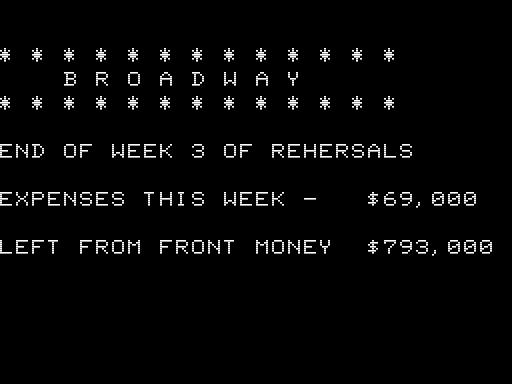 Broadway (TRS-80) screenshot: Practice Expenses